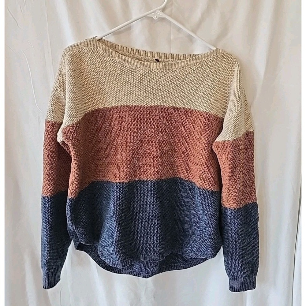 Kuhl Women's Merino Wool/cotton Blend Bella Stripe Tan Navy Blue Sweater